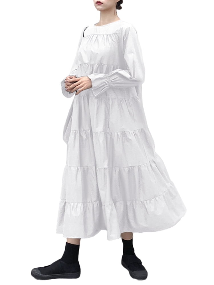 VONDA Women's Casual Loose Long Sleeve Tiered Dress Crew Neck Plain Maxi  Dress | Walmart Canada